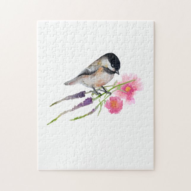 Svart, skyddat, sötat, Chickadee Watercolor Artwor Pussel (Vertikal)