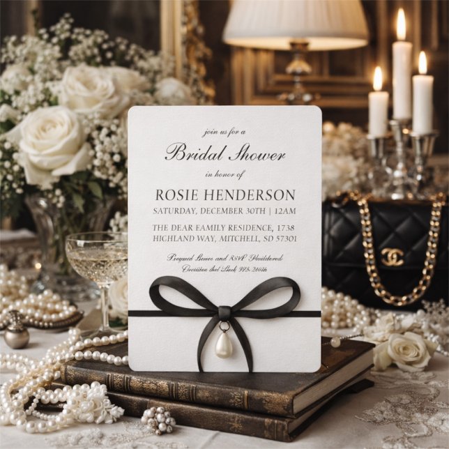 Svart slinga med pärlor i gammaldags stil bröllops inbjudningar (Black Bow With Pearl Old Money Style Bridal Shower Invitation!)