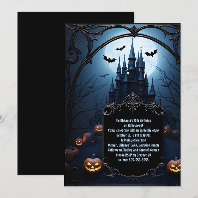 Svart slott Teen Halloween födelsedagsfest Inbjudningar (Fram/baksida)