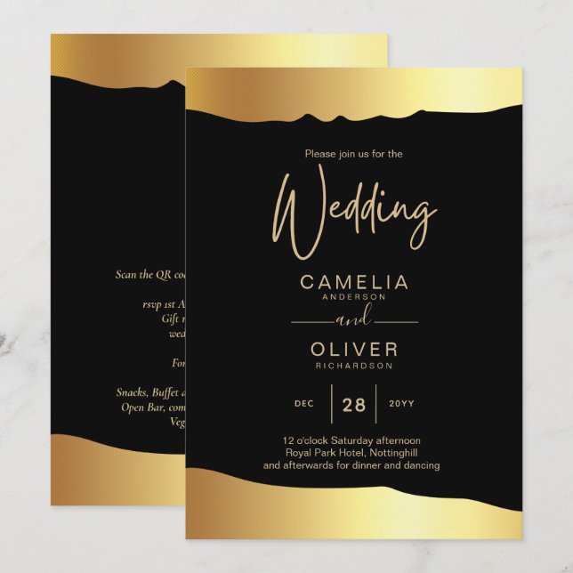 Svart Smoking Bröllop Guld Folie Script Elegant Ev Inbjudningar (Fram/baksida)