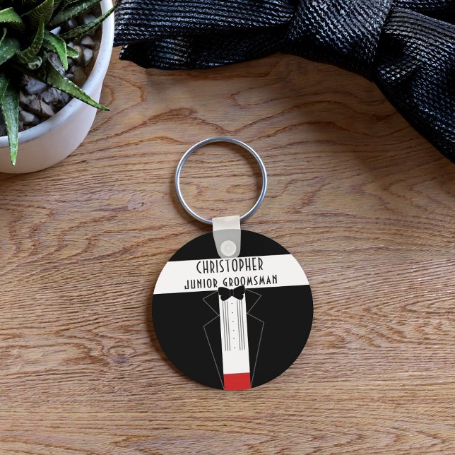 Svart Smoking Junior Bröllop Nyckelring (Add your Junior Groomsman name to this cute black tuxedo keychain)