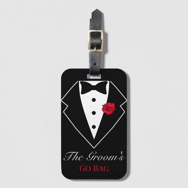 Svart Smoking Med Röd Ros Nygifta Anpassad  Bagagebricka (Framsida vertikal)
