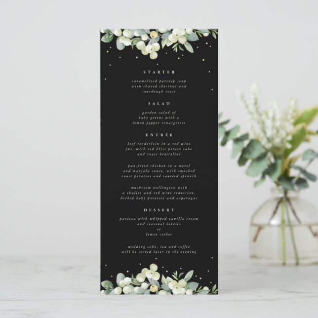 Svart snöbär+Eukalyptus 4-rätters bröllops meny (Stående Fram)