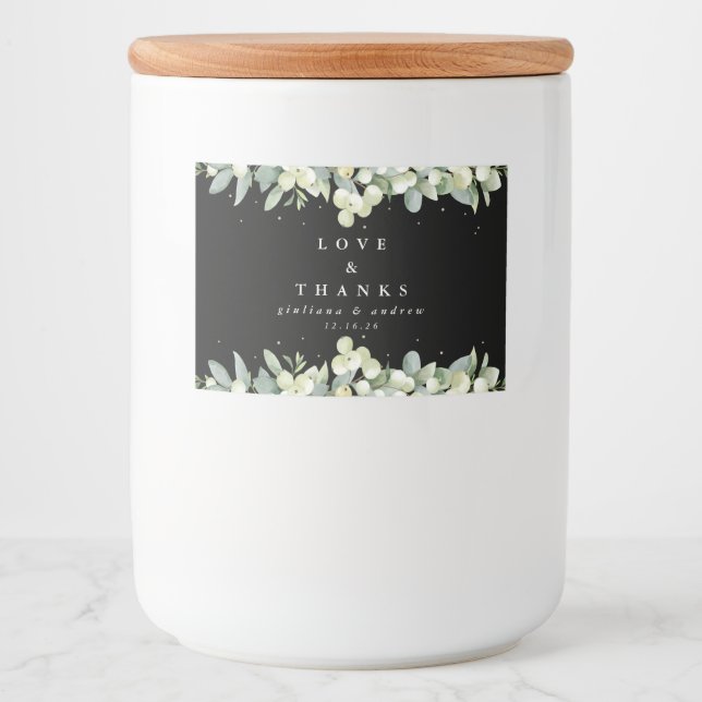 Svart snöbär + Eukalyptus vinterbröllopsgåva Mat Etiketter (Framsida)