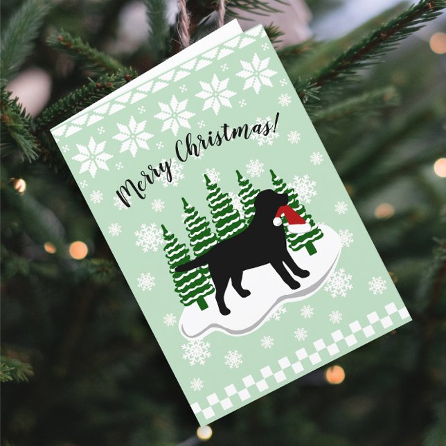 Svart snöflingor för Labrador julevergreen Helgkort (Black Labrador Evergreen Snowflakes Design Christmas Cards for Black Labrador Owners.  Silhouette.)