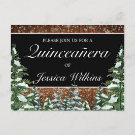 Svart snöig skog Quinceañera-inbjudan postkort Meddelande Vykort