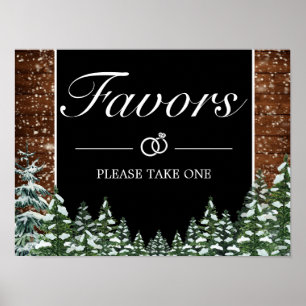 Svart snöig trä- och skogsfavorit bröllopsskylt poster