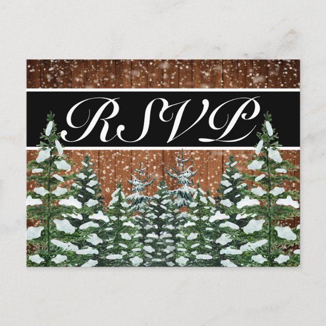 Svart snöigt skog- och skogsland RSVP-inbjudan Vykort (Framsida)