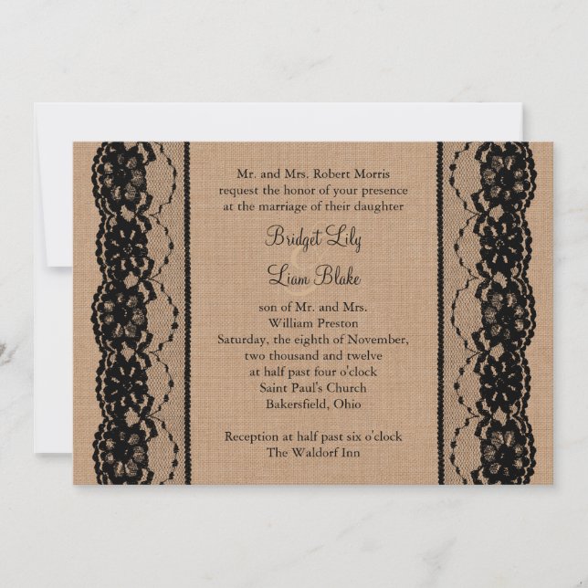 Svart Snöre och Burlap Wedding Inbjudan (Framsida)