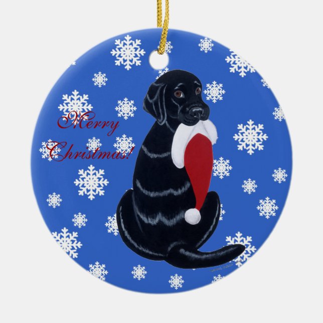 Svart Snowflake för Labrador julSanta hatt Julgransprydnad Keramik (Framsidan)
