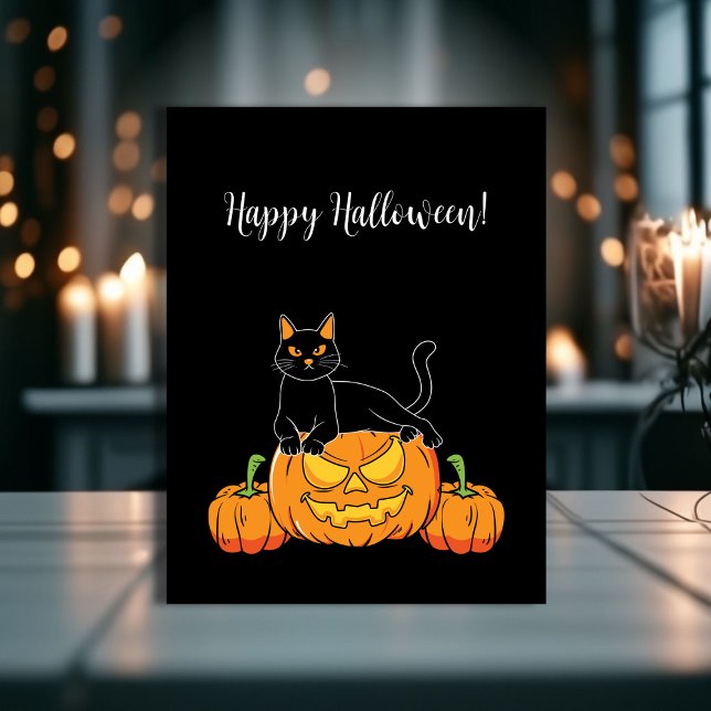 Svart Snyggt Happy halloween-katt och Pumpkin-utsk Vykort (Black Stylish Happy Halloween Cat & Pumpkin Print Postcard!)