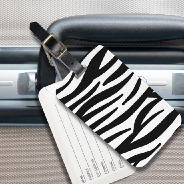 svart snyggt i chic, vit zebra tryck bagagebricka (girly chic stylish black white zebra print luggage tag)