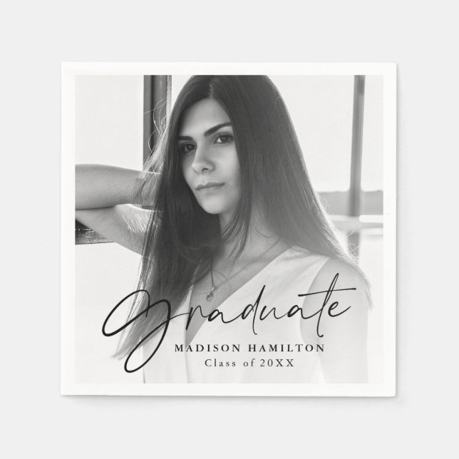 Svart | Snyggt Script Photo Studenten Pappersservett (Framsidan)