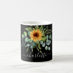 Svart solros eucalyptus greenery namn-skript kaffemugg