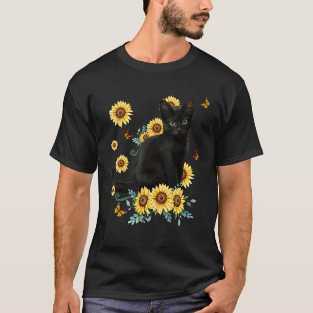 Svart solrossolrosblomma Blomkatt Solsken T Shirt (Framsida)