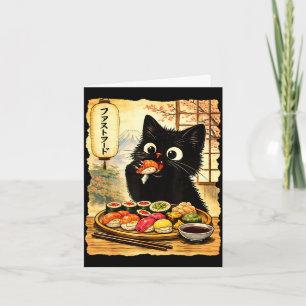 Svart söt katt som äter sushi kawaii japansk mat kort