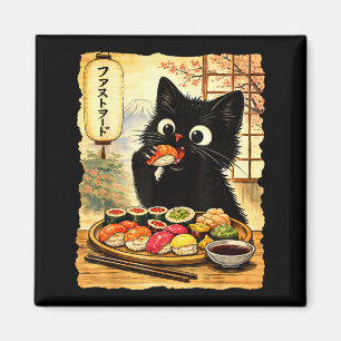 Svart söt katt som äter sushi kawaii japansk mat magnet