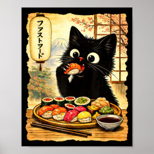 Svart söt katt som äter sushi kawaii japansk mat poster