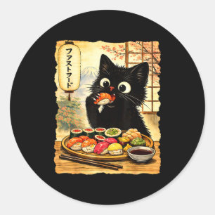 Svart söt katt som äter sushi kawaii japansk mat runt klistermärke