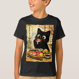 Svart söt katt som äter sushi kawaii japansk mat t shirt