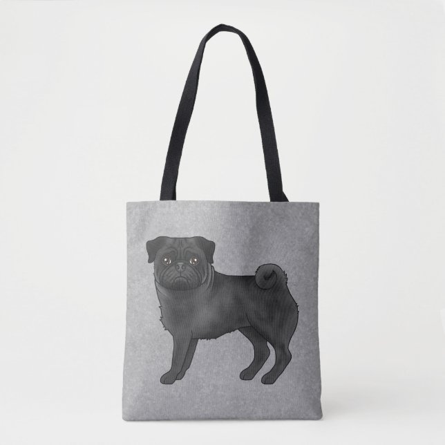 Svart söt Pug Mops Tecknad Hundras Grå Tygkasse (Framsida)