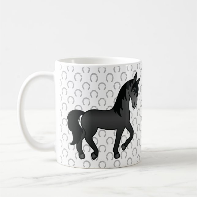 Svart sött tecknat travande häst kaffemugg (Vänster)