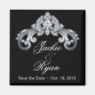 Svart Spara datum Bröllop Elegant Silver Anniver Magnet