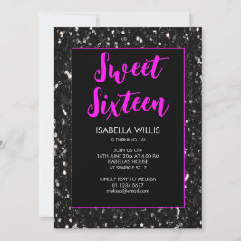 Svart sparkles Sweet 16 neon rosa elegant-skript Inbjudningar