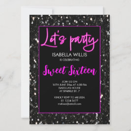 Svart sparkles Sweet 16 neon rosa lets party Inbjudningar