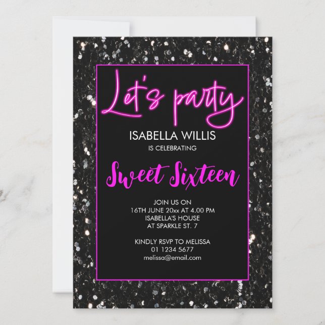 Svart sparkles Sweet 16 neon rosa lets party Inbjudningar (Framsida)