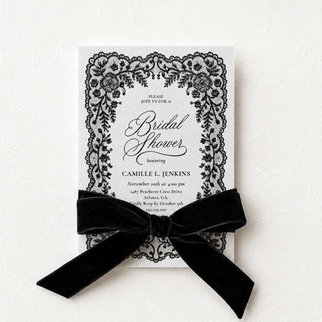 Svart spets bröllopsdusch-inbjudan inbjudningar (Elegant Black Lace Bridal Shower Invitation)