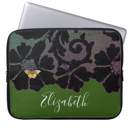 SVART SPETS MED FJÄRIL I GRÖN NEOPREN ÄRML LAPTOP FODRAL