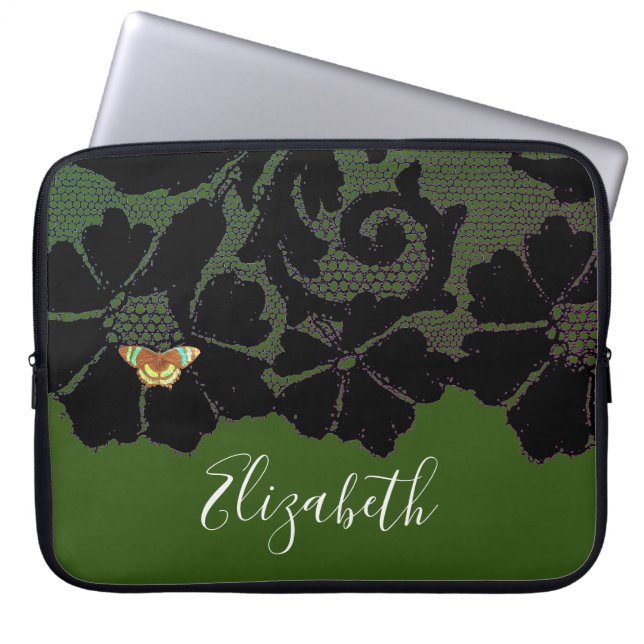 SVART SPETS MED FJÄRIL I GRÖN NEOPREN ÄRML LAPTOP FODRAL (Framsidan)