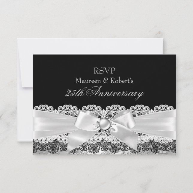 Svart spets och silverpärlbåge årsdag RSVP OSA Kort (Framsida)