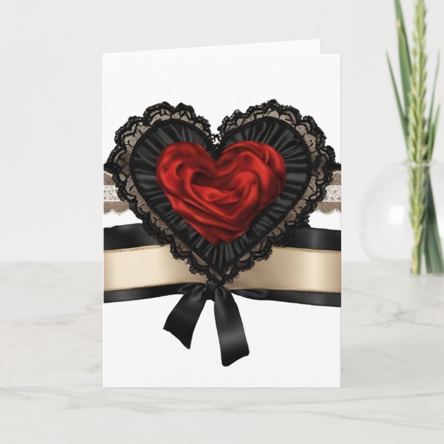 Svart spets rödbandsvalentin hjärtkort kort (Framsida)