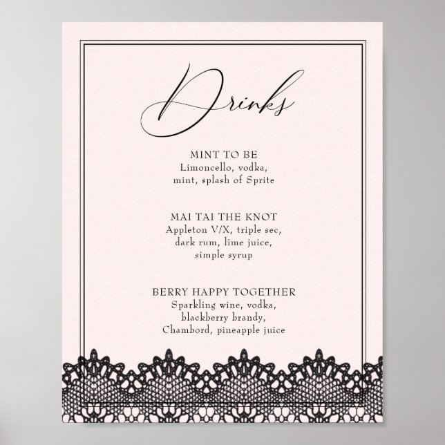 Svart spets rosa möhippa dryck eller bar meny poster (Framsidan)
