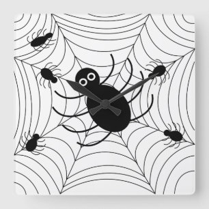 Svart Spindelnät Halloween Fyrkantig Klocka