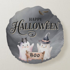 Svart spök BOO Halloween runt kastkuddfodral Rund Kudde