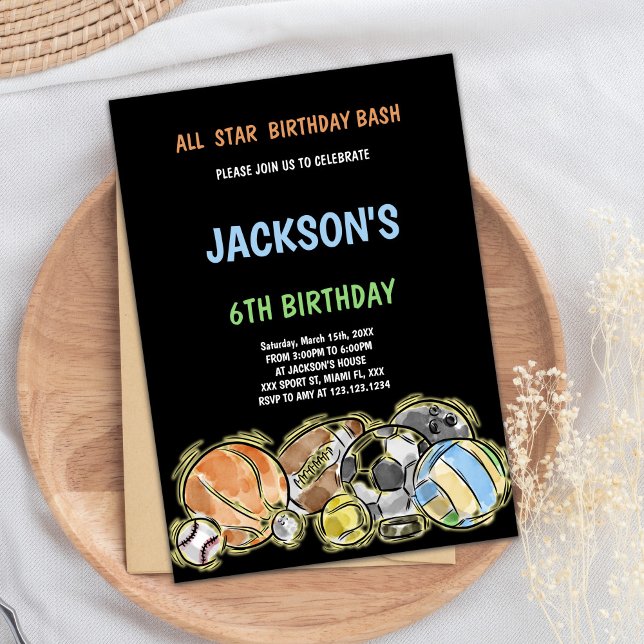 Svart sportevenemang på födelsedagen inbjudningar (Black Sports Birthday Invitations)