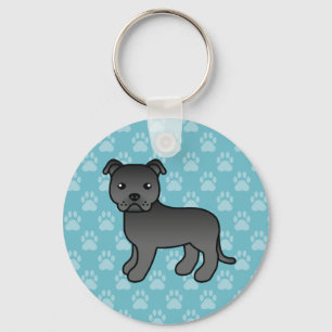 Svart Staffordshire Bull Terrier Hund På Blått Nyckelring