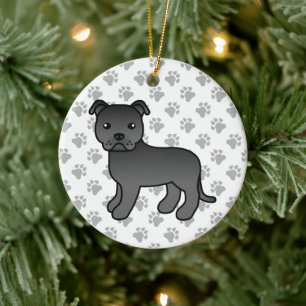 Svart Staffordshire Bull Terrier Söt Tecknad Hund Julgransprydnad Keramik
