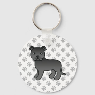 Svart Staffordshire Bull Terrier Söt Tecknad Hund Nyckelring