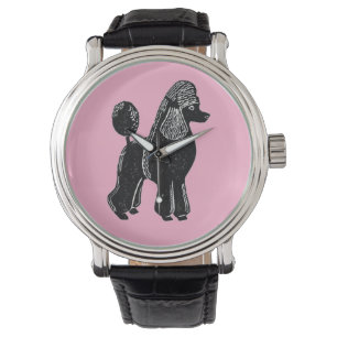 Svart standard pudel med den rosa klockan armbandsur