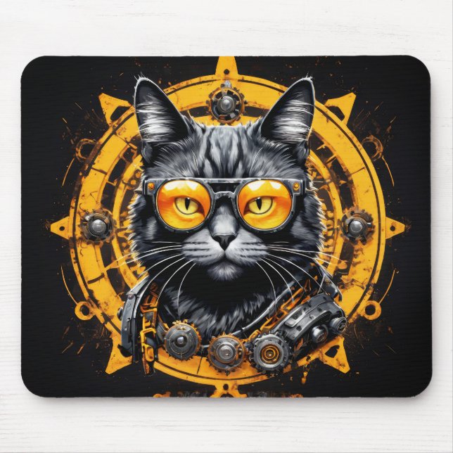 Svart steampunk-katt med orange glas musmatta (Framsidan)