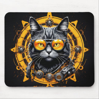Svart steampunk katt med orange glasögon musmatta