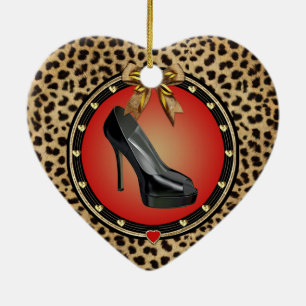 Svart Stiletto Cheetah Heart Ornament