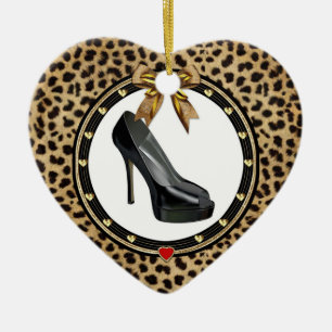 Svart Stiletto Cheetah Personlig Heart Ornament