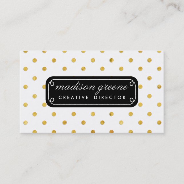 Svart stilfull chic & beställnings- guld- polka visitkort (Framsida)