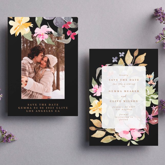 Svart, stor Blommigt, Ram, vattenfärgsfoto Bröllop Spara Datumet (Skapare uppladdad)