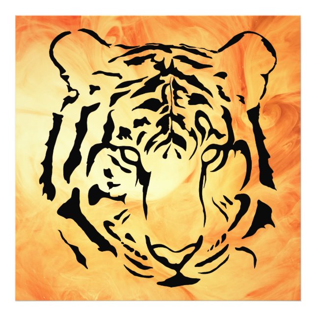 Svart, strimlad tigger på Orangen Fiery Fototryck (Framsidan)